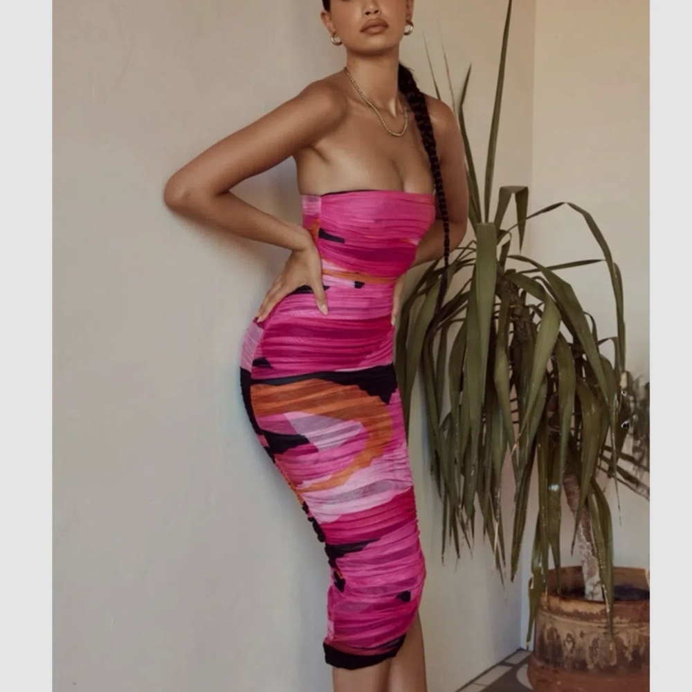 House of CB Vibrant Pink and Black Midi Dress